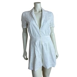 Divine Heritage White Eyelet Romper M Pleated Embroidered Lace Plunge Revolve